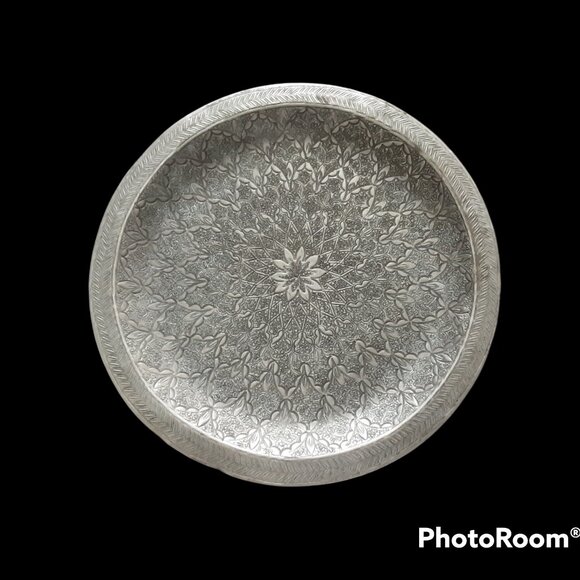 Antique Silver Toned Aluminum Moroccan Tea Tray Wall Hanging - Picture 1 of 5